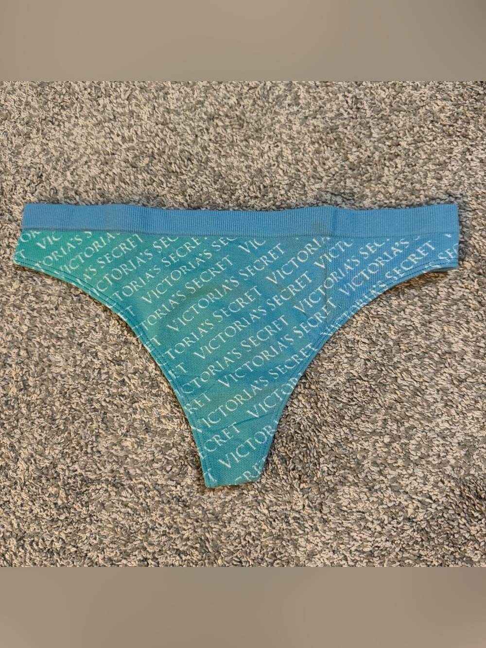 NWT Victoria's Secret Size M Blue Panty Thong White Text Logo Stretch